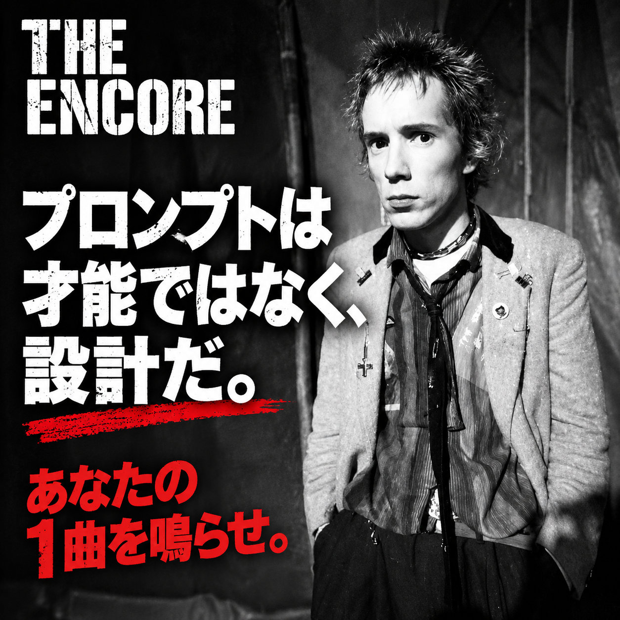 白黒のパンクミュージシャンの写真に「THE ENCORE」「プロンプトは才能ではなく、設計だ。」と大きく記載。下部に赤字で「あなたの1曲を鳴らせ。」と呼びかける締めの画像。