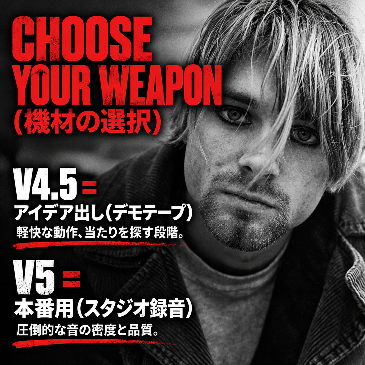 モノクロの金髪ロックミュージシャンの顔写真に「CHOOSE YOUR WEAPON」と赤字で表示。Suno AIのV4.5をアイデア出し、V5を本番用の高品質な制作に使う比較を掲載した画像。