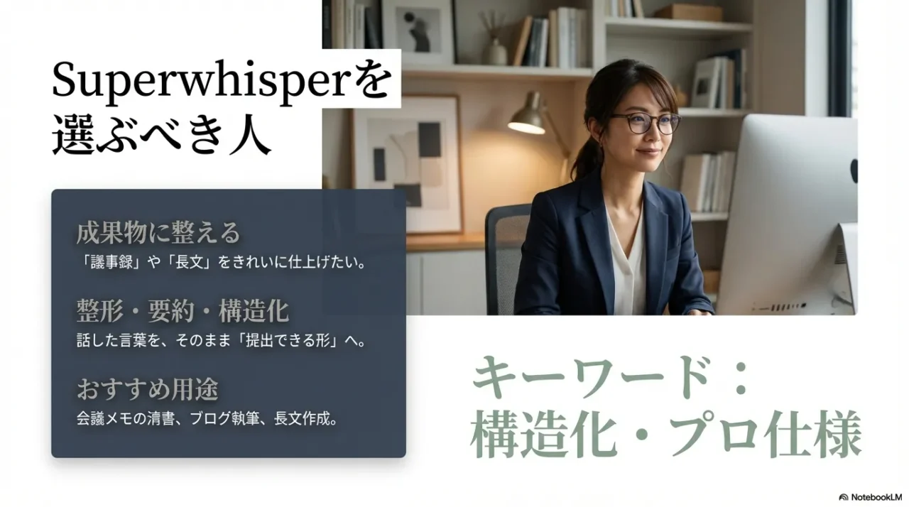 会議の議事録やブログ執筆など、話した言葉を成果物として構造化・整形したい人にSuperwhisperを推奨する解説図。