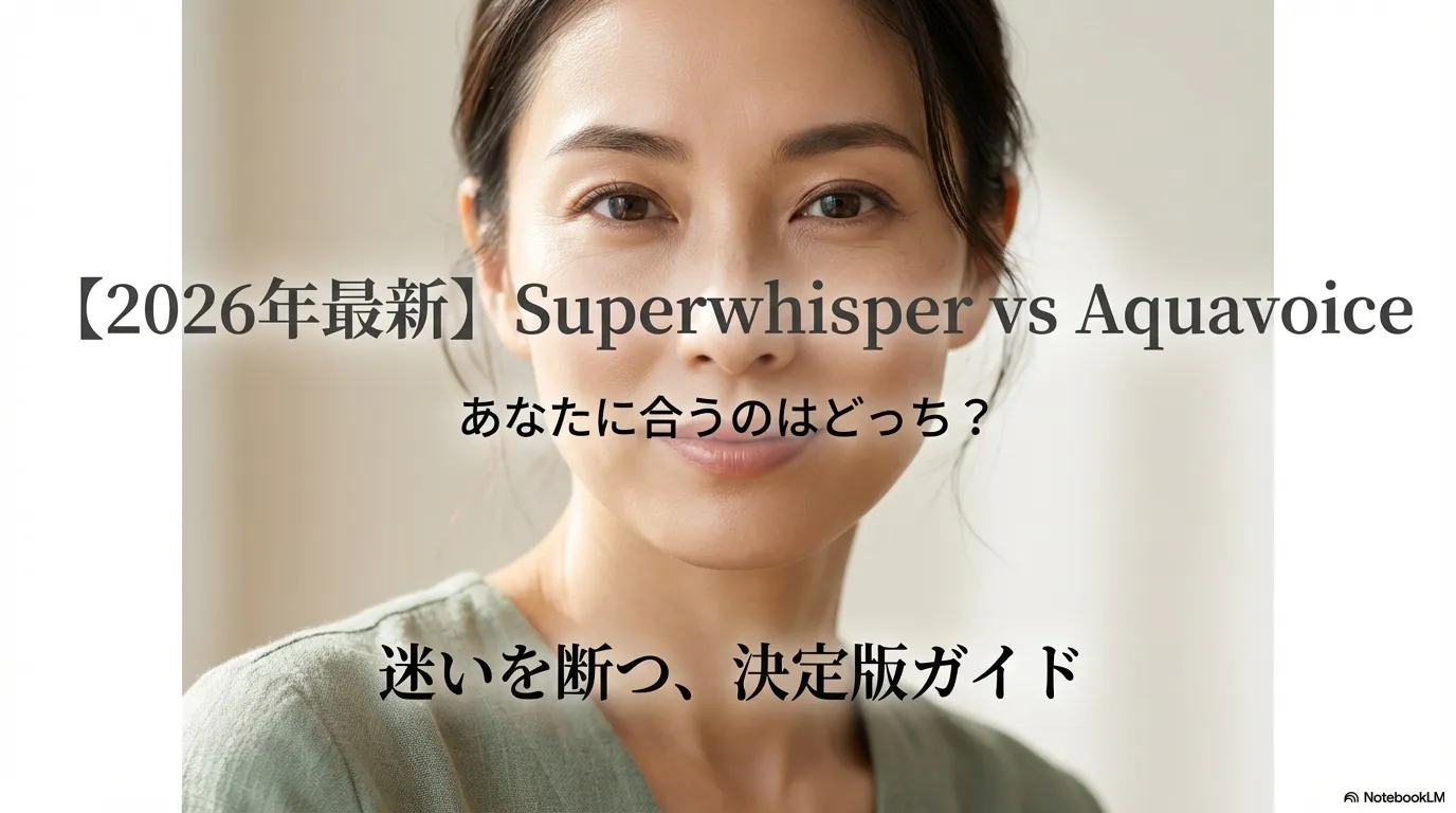 SuperwhisperとAquavoiceのロゴと、どっちを選ぶべきかを解説する記事のタイトルスライド。