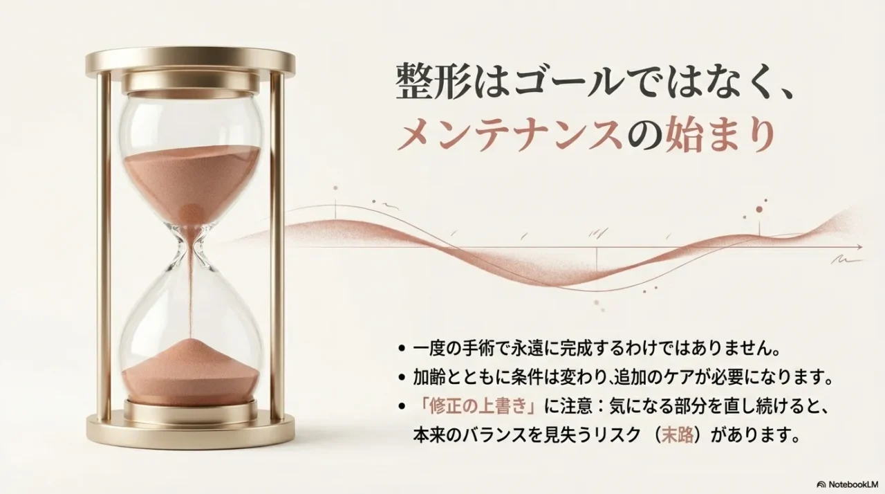 砂時計のビジュアルと「整形はゴールではなくメンテナンスの始まり」という見出し・注意点が書かれたスライド