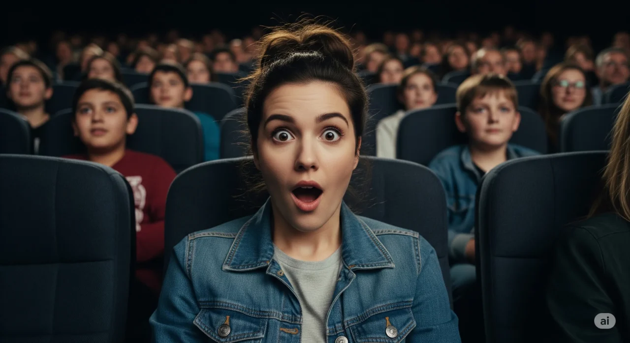 映画館の観客席に座る若い女性が、驚いて口を開け、目を見開いている。彼女の後ろには他の観客が座っている。