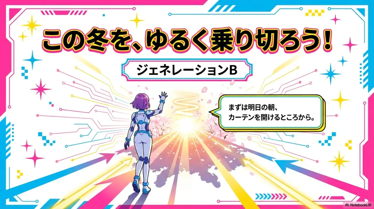 明日の朝はカーテンを開けるところから始めようと促す締めの画像