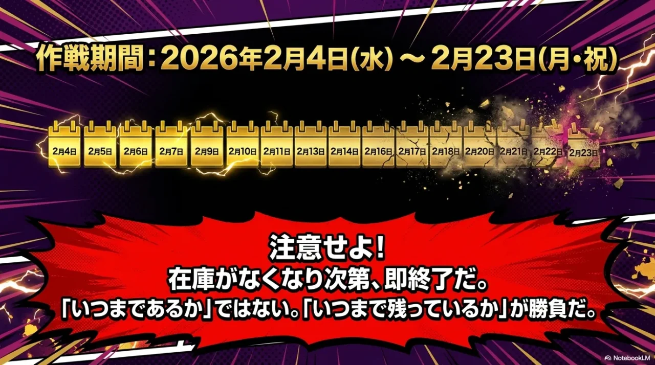 コラボ期間は2月4日から2月23日で在庫がなくなり次第終了と示す画像