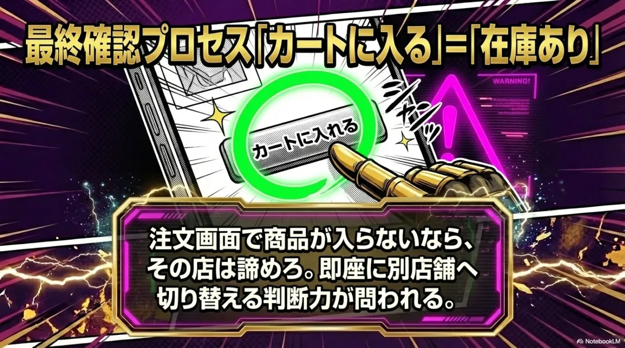 カートに入るなら在庫あり、入らないなら別店舗へ切り替える判断を示す画像
