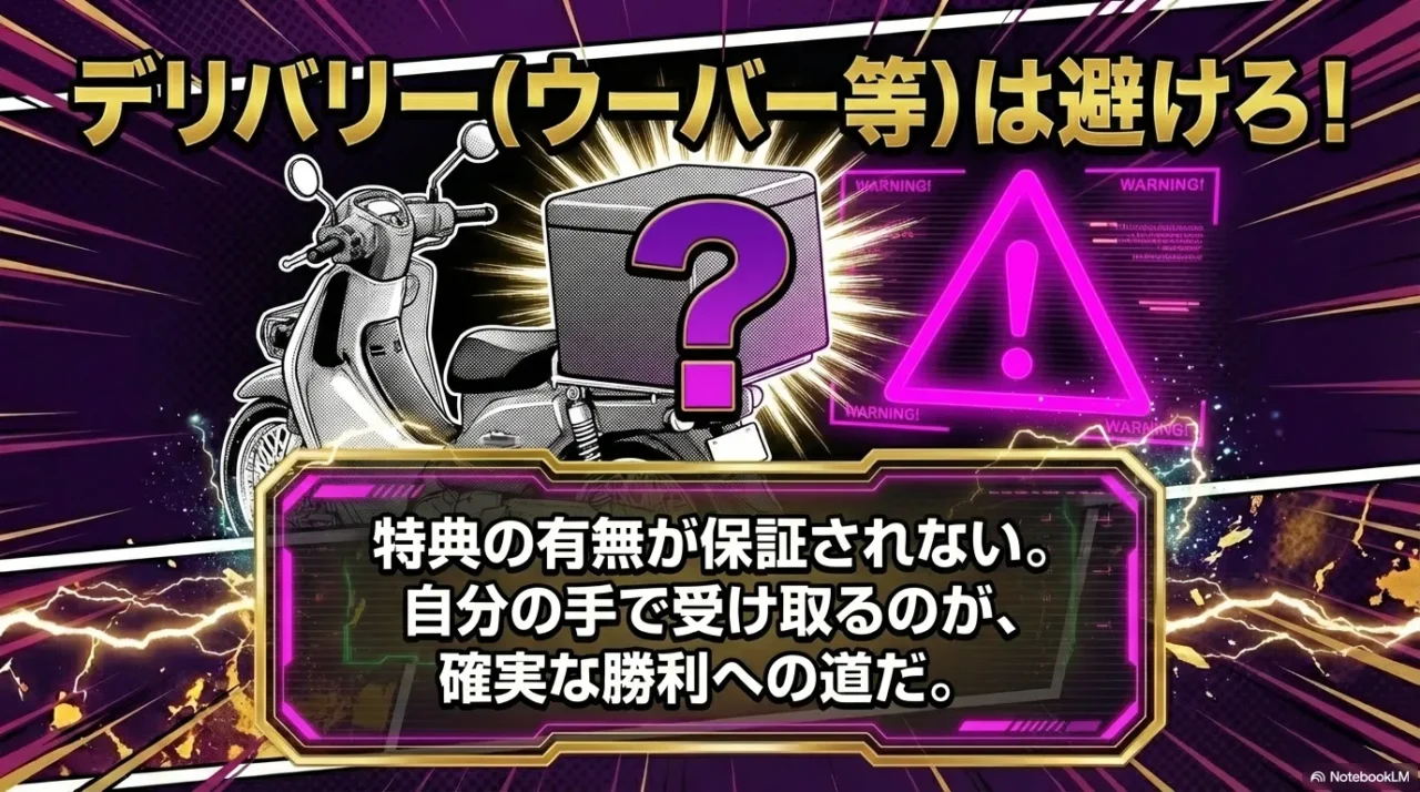 デリバリーは特典保証が弱く店頭受取が確実だと示す
