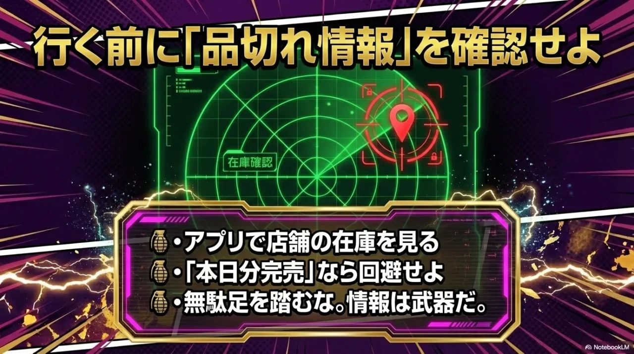 行く前に品切れ情報を確認し無駄足を避ける手順を示す画像