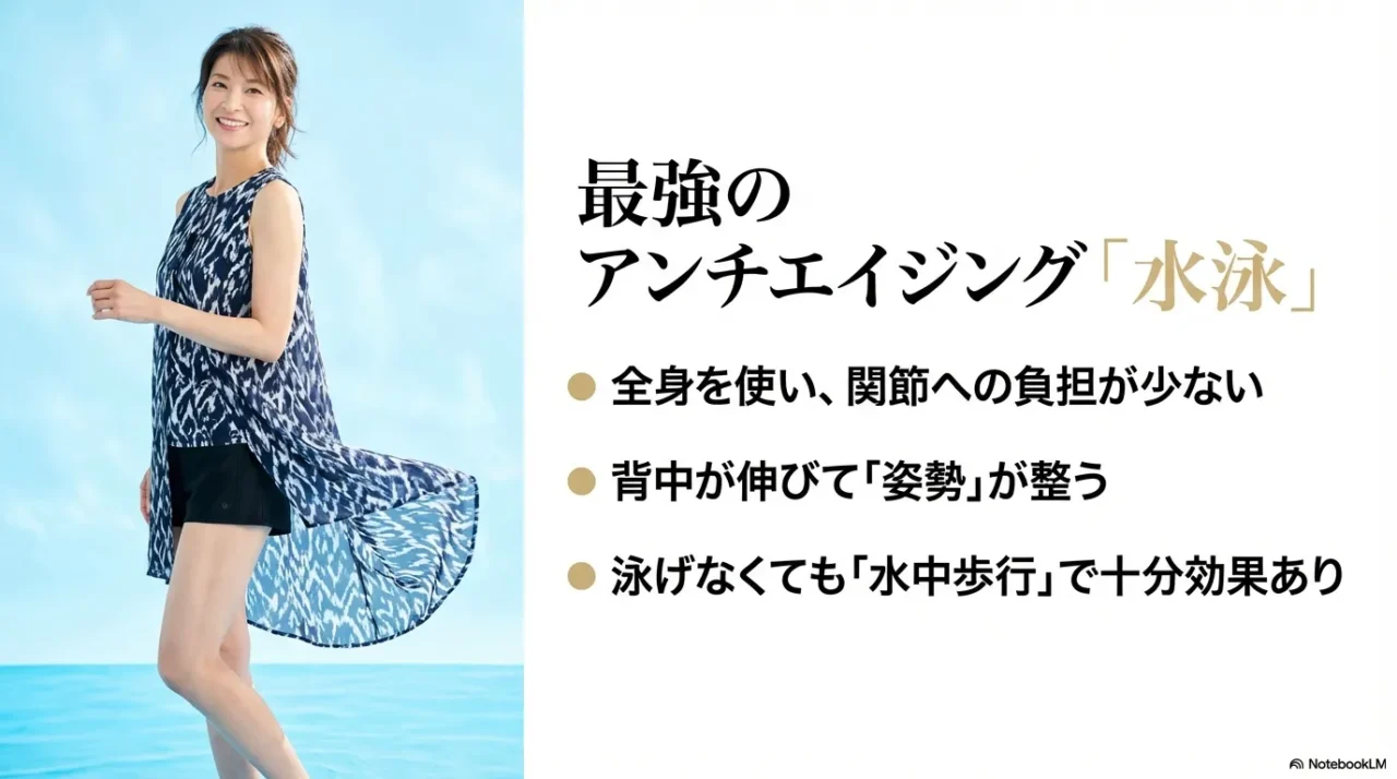 森高千里風の女性が水辺にいるイメージ画像。水泳は全身を使い関節への負担が少なく、姿勢が整うメリットを解説。