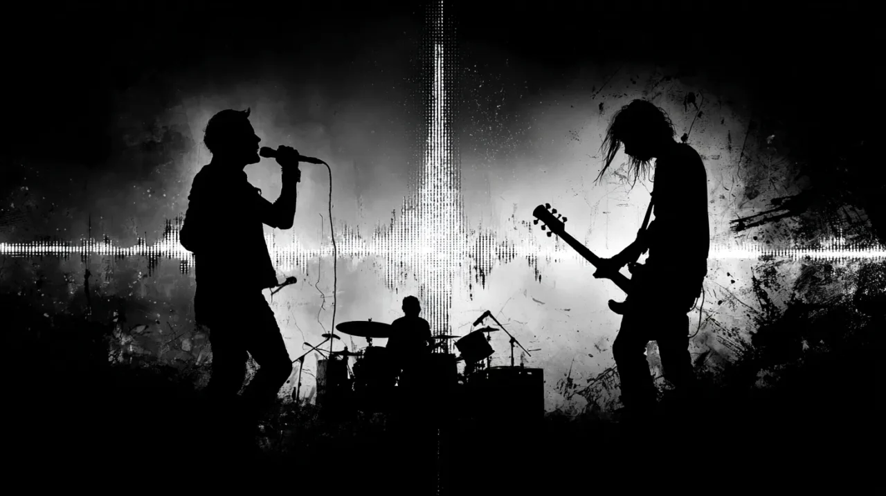 シルエット化されたロックバンドが演奏しており、中央には音波のようなグラフィックが広がっている。ボーカル、ギタリスト、ドラマーが配置され、荒々しくグランジ的な雰囲気が漂う象徴的な構図。