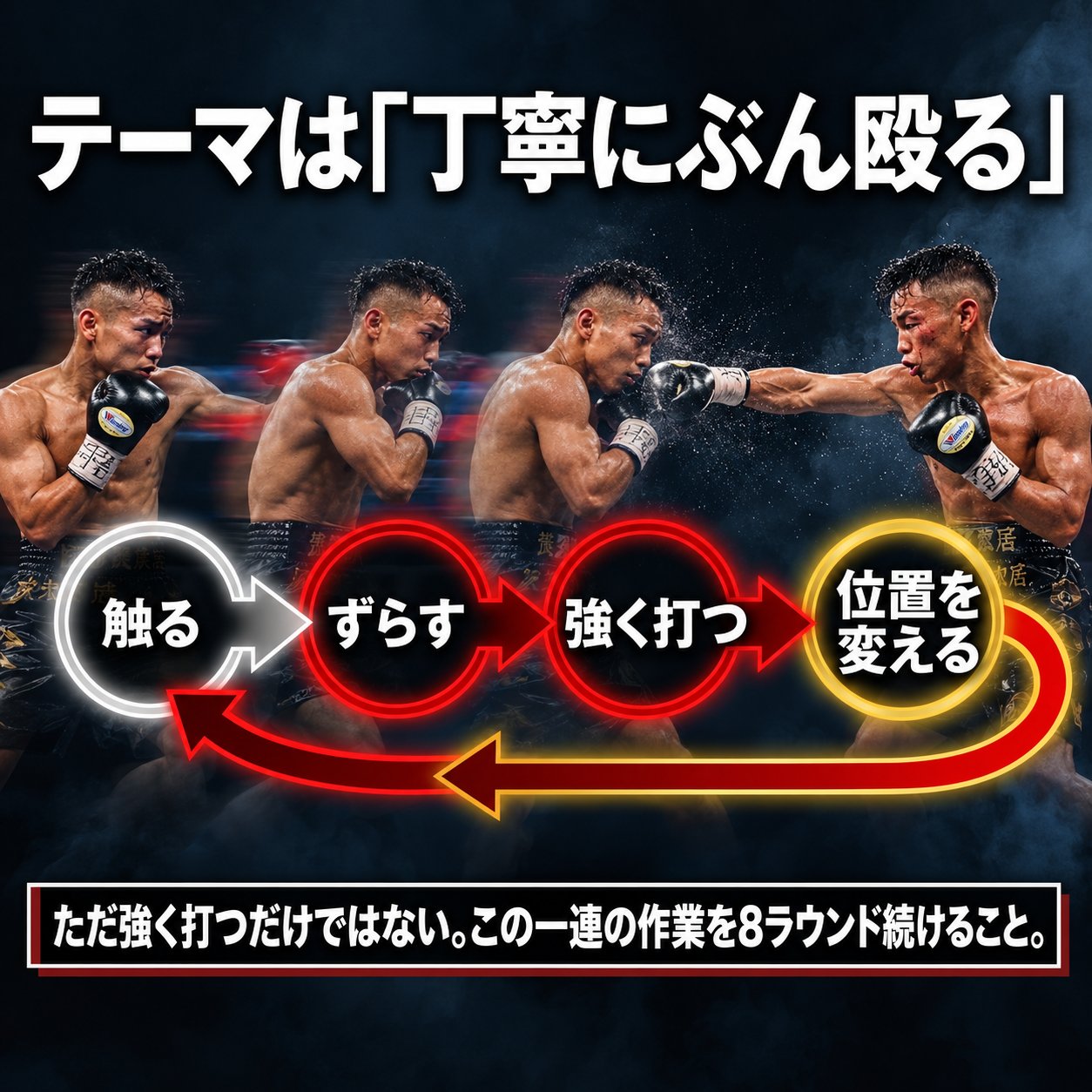 武居由樹の連続動作を並べ、「触る」「ずらす」「強く打つ」「位置を変える」の流れで丁寧な攻撃手順を示した画像。