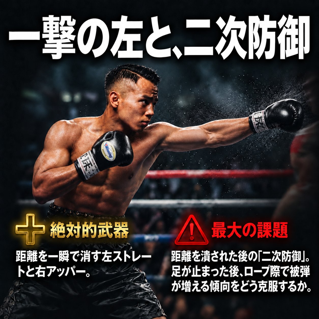 リングで左ストレートを伸ばす武居由樹に、「絶対的武器」と「最大の課題」を対比し、左の強打と二次防御を示した画像。
