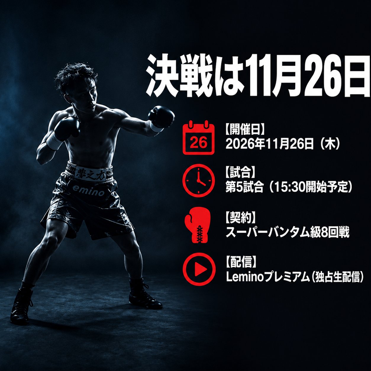 暗いリング風の背景にボクサーと赤いアイコンを配し、2026年11月26日、第5試合、スーパーバンタム級8回戦、Lemino配信を示した画像。