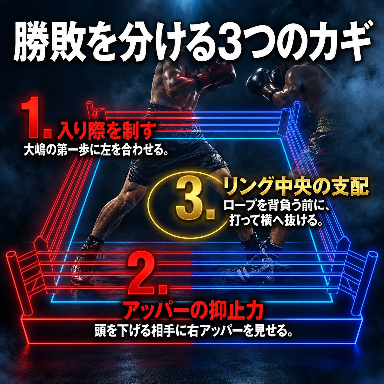 赤と青のリング図に「入り際を制す」「アッパーの抑止力」「リング中央の支配」の三要素を配置した勝敗ポイント図。