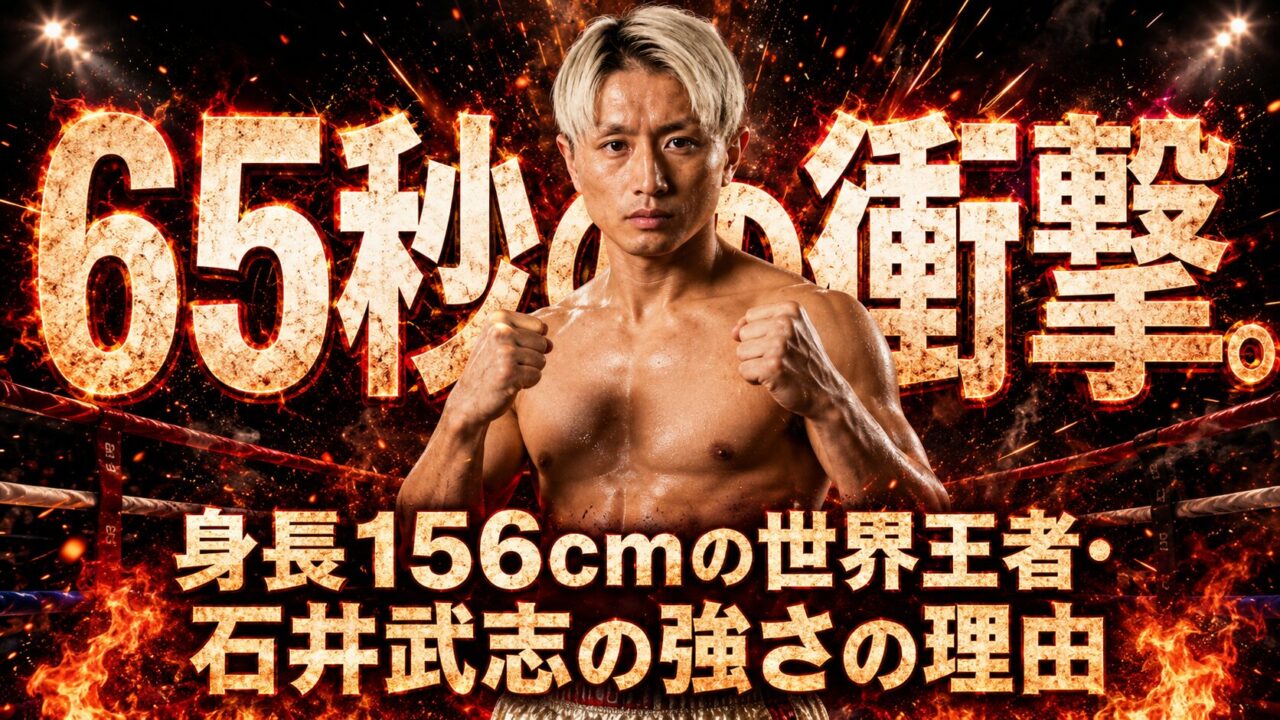 炎に包まれたリングで拳を構える石井武志と「65秒の衝撃。身長156cmの世界王者」の文字を配置した記事導入画像