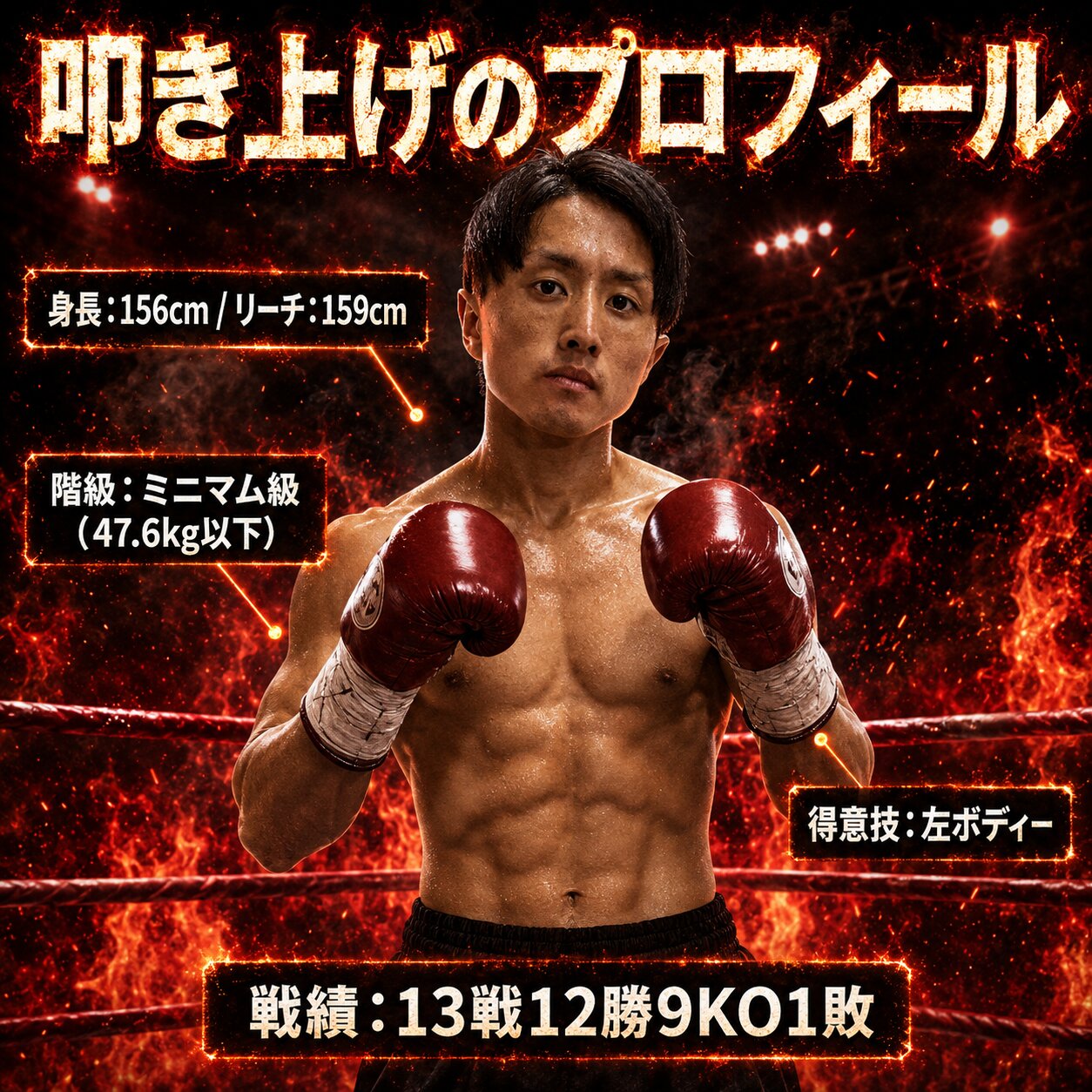 炎が上がるリングでグローブを構える石井武志と、身長156cm・リーチ159cm・階級・戦績を示したプロフィール画像