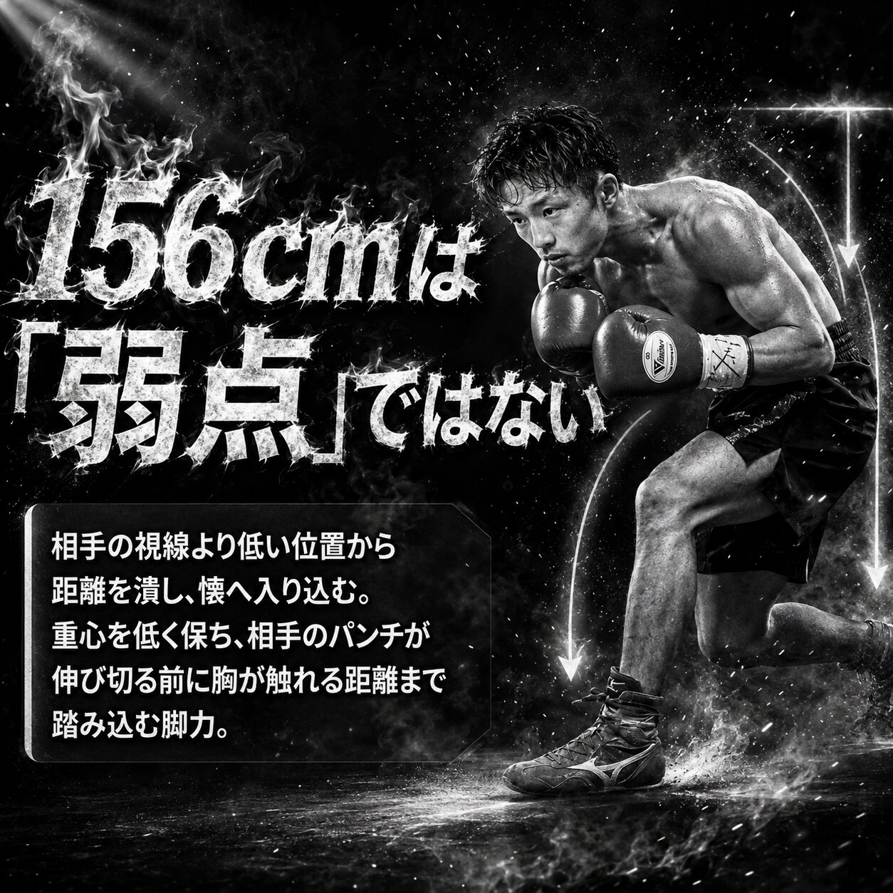 低い姿勢から踏み込む石井武志と、身長156cmを弱点ではなく相手の懐へ入る武器として説明するモノクロ画像