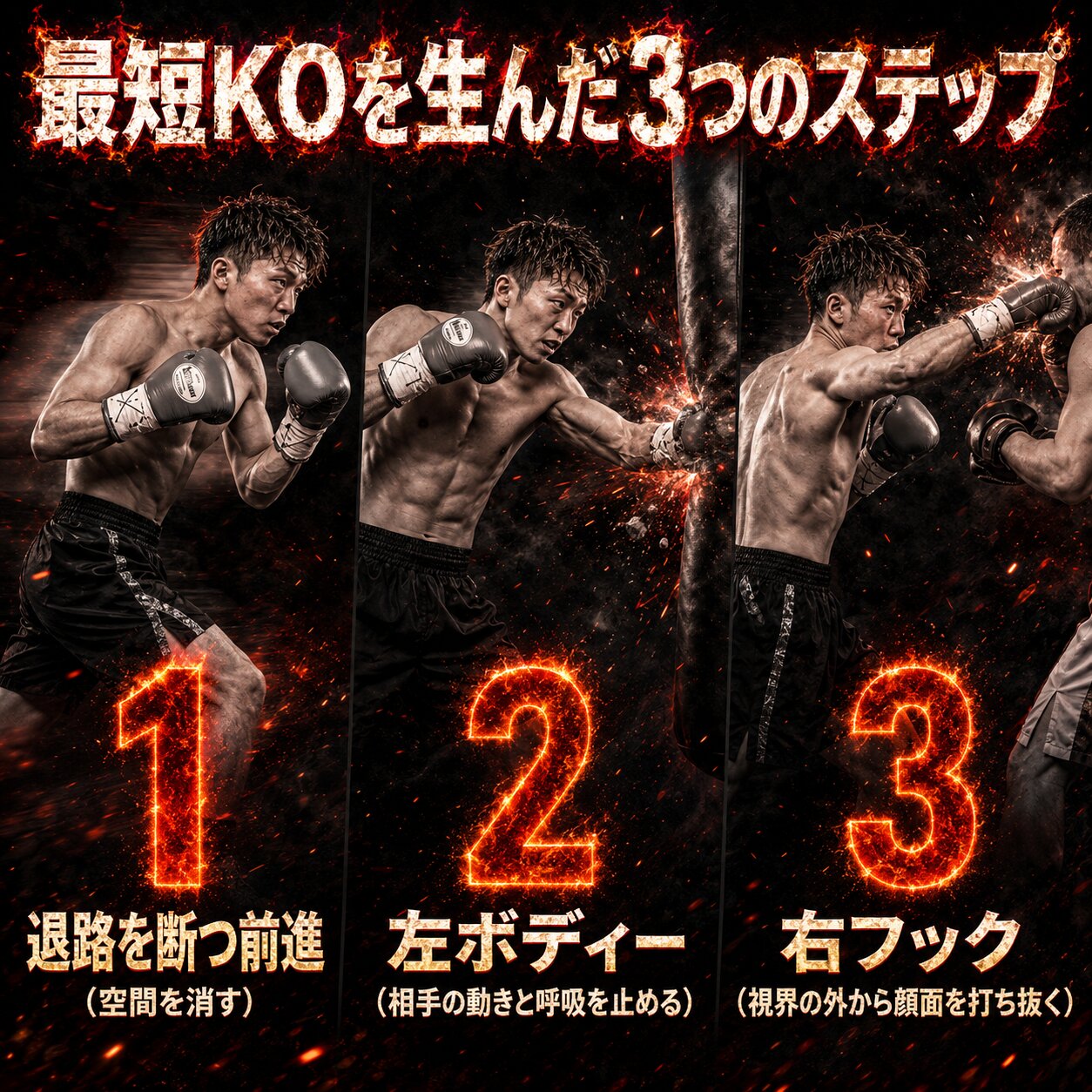 石井武志が退路を断つ前進、左ボディー、右フックを順に繰り出す最短KOの3ステップを連続写真風に示した画像