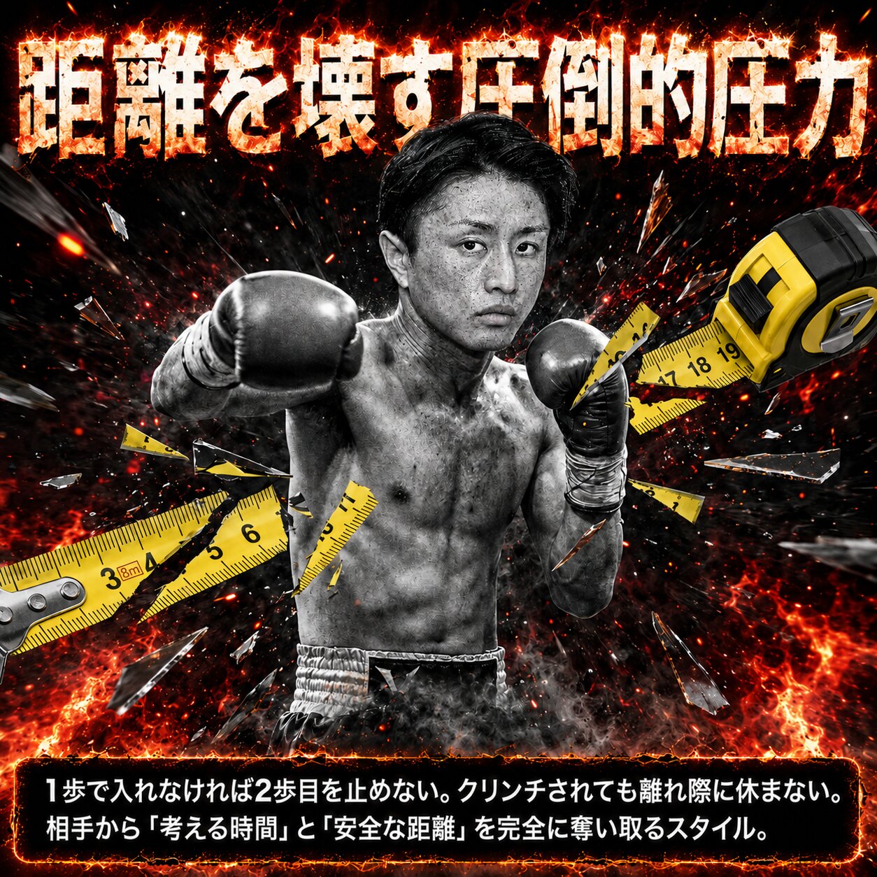 破裂したメジャーを背景に前へパンチを伸ばす石井武志と、安全な距離を奪う圧力の特徴を説明するボクシング戦術画像