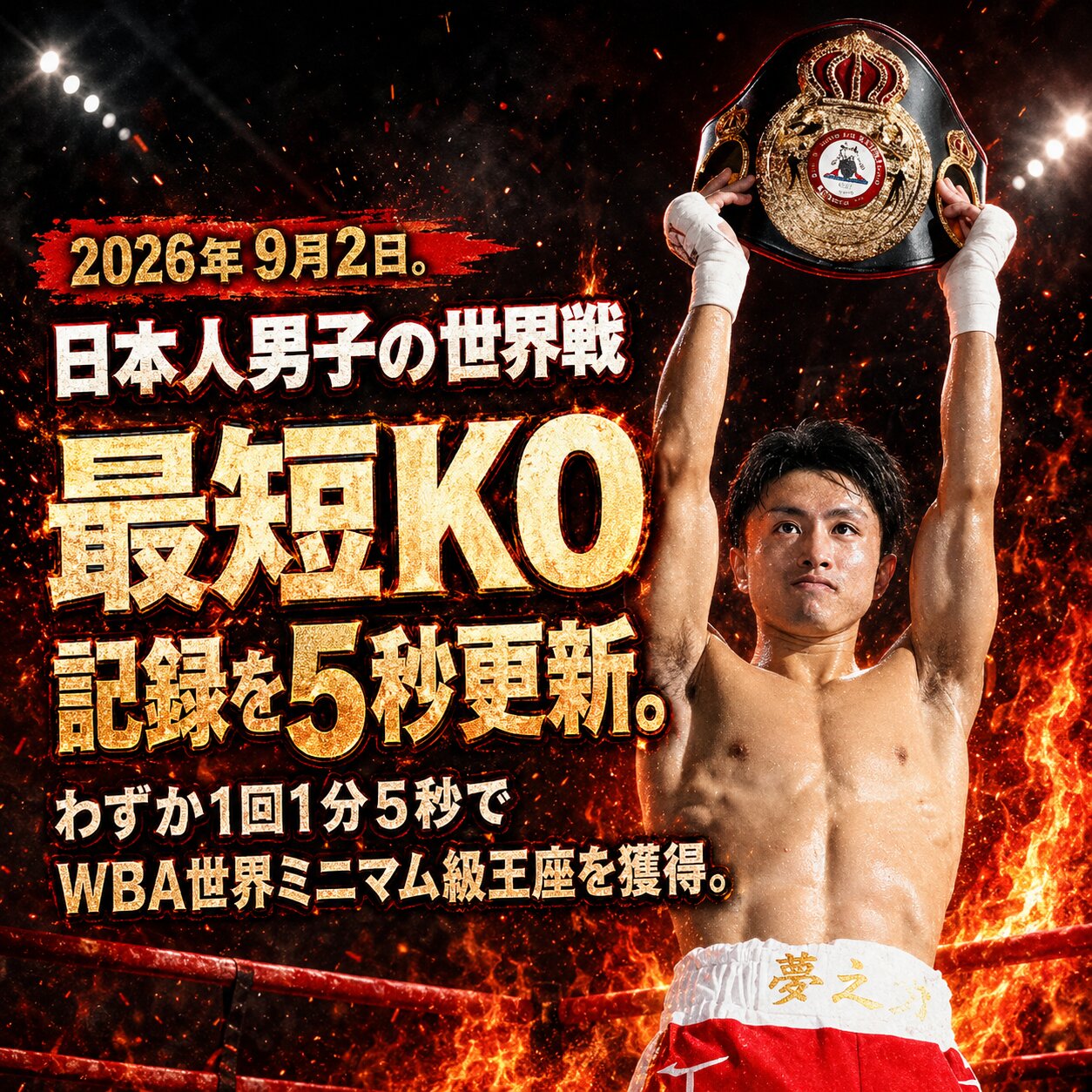 世界王座ベルトを頭上に掲げる石井武志と、日本人男子の世界戦最短KO記録を5秒更新した事実を示すボクシング画像