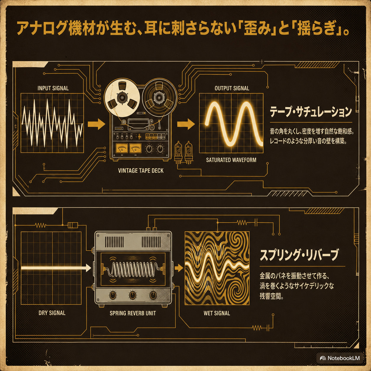 アナログ機材による音の歪みと揺らぎを解説するインフォグラフィック。ビンテージテープデッキによるテープ・サチュレーションと、スプリング・リバーブユニットの仕組みを、入力・出力の波形とともに図解。