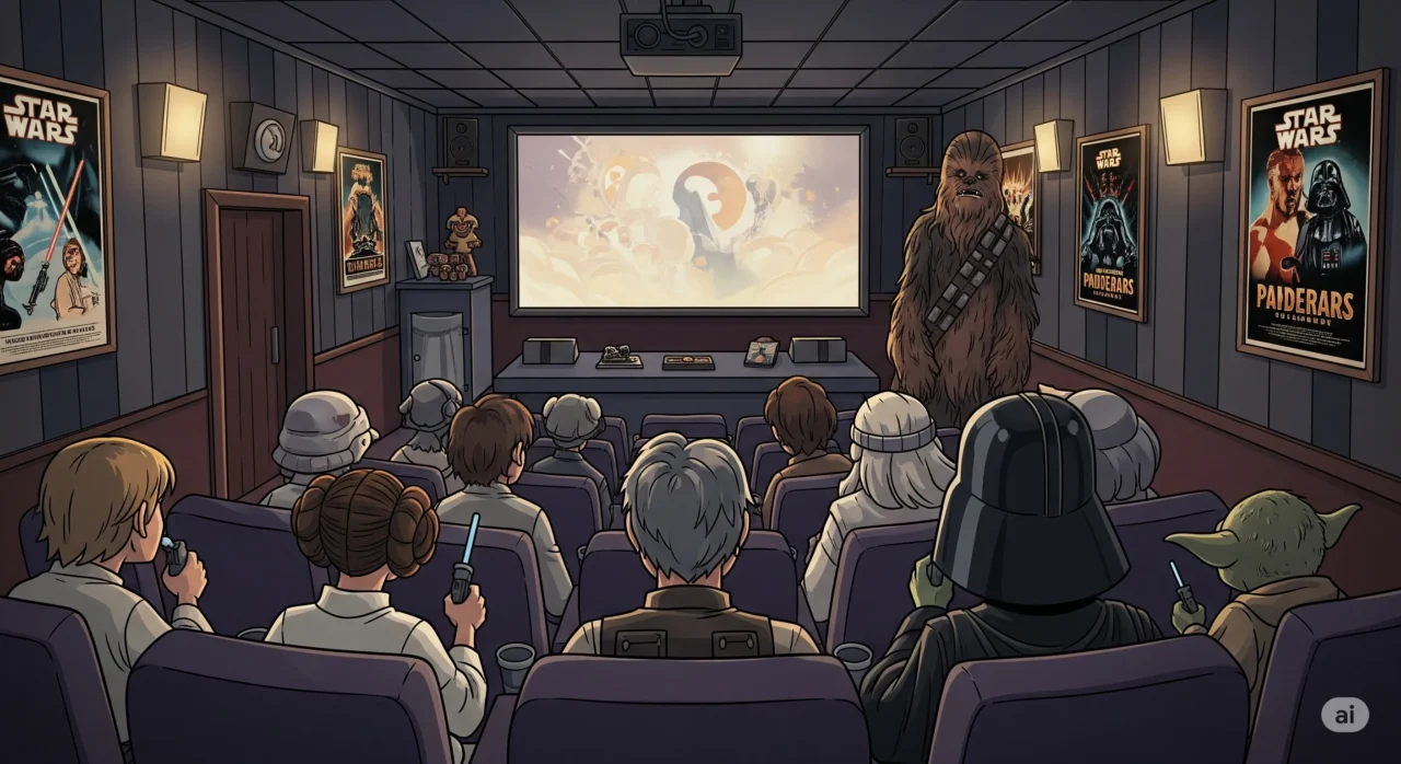 多数のスター・ウォーズのキャラクターに扮した人々が、自宅の映画館でスター・ウォーズの映画を鑑賞しているイラスト。