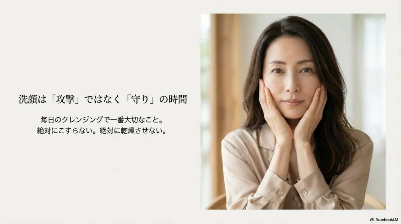 洗顔は攻撃ではなく守りの時間、絶対にこすらず乾燥させないと伝える画像