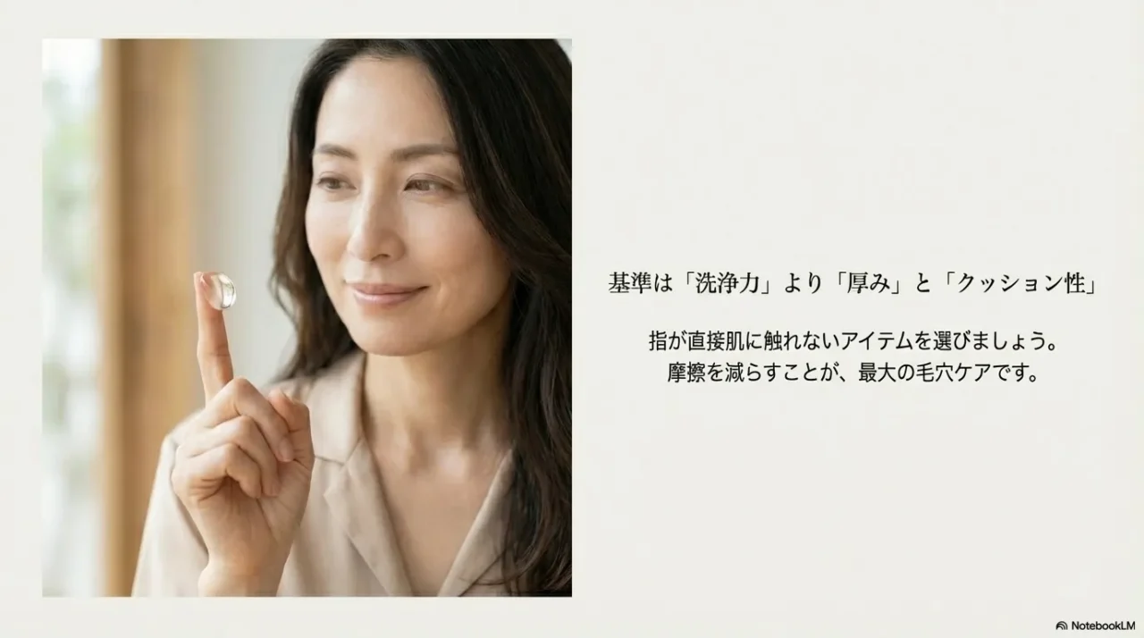 基準は洗浄力より厚みとクッション性、摩擦を減らすのが最大の毛穴ケアという画像