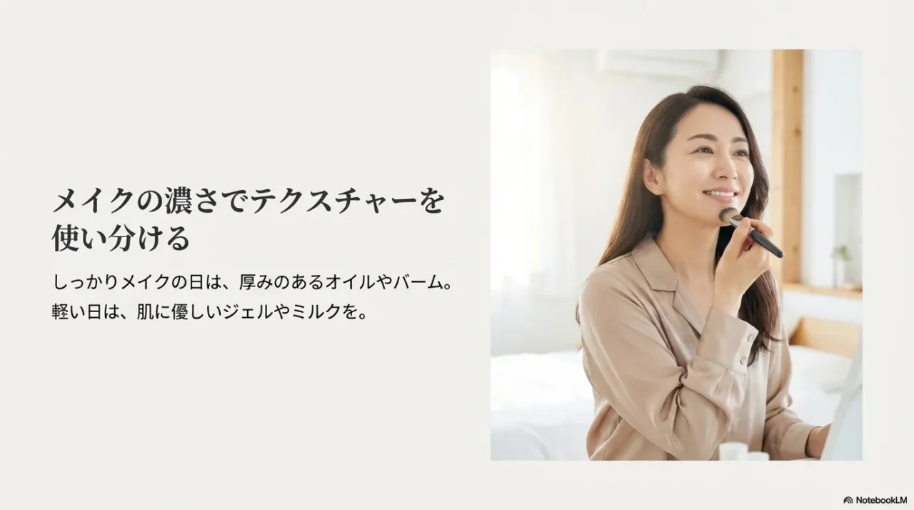 メイクの濃さでクレンジングのテクスチャーを使い分けると伝える画像