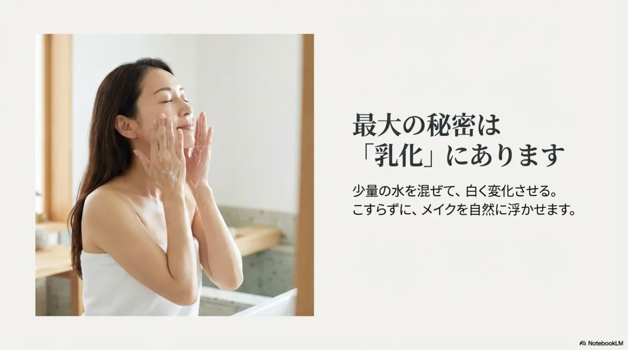 最大の秘密は乳化、少量の水で白く変化させてこすらず浮かせるという画像