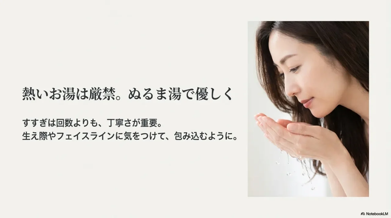 熱いお湯は厳禁、ぬるま湯で優しく、すすぎは回数より丁寧さが重要という画像