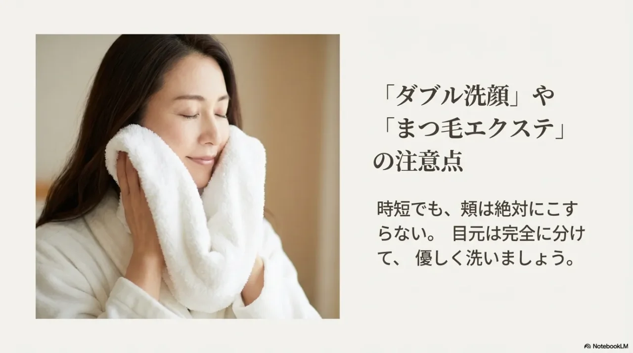 ダブル洗顔やまつ毛エクステの注意点、頬はこすらず目元は分けて優しく洗う画像