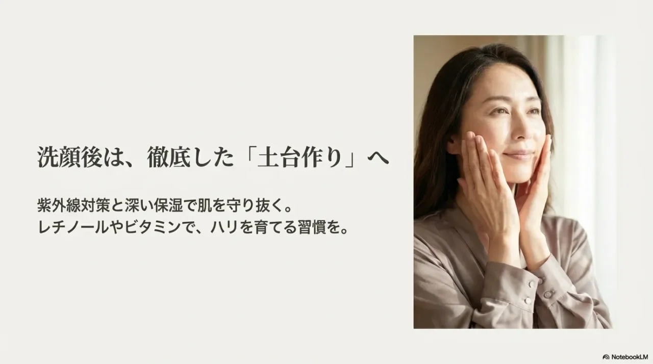 洗顔後は土台作り、紫外線対策と深い保湿で守り、レチノールやビタミンでハリ習慣という画像