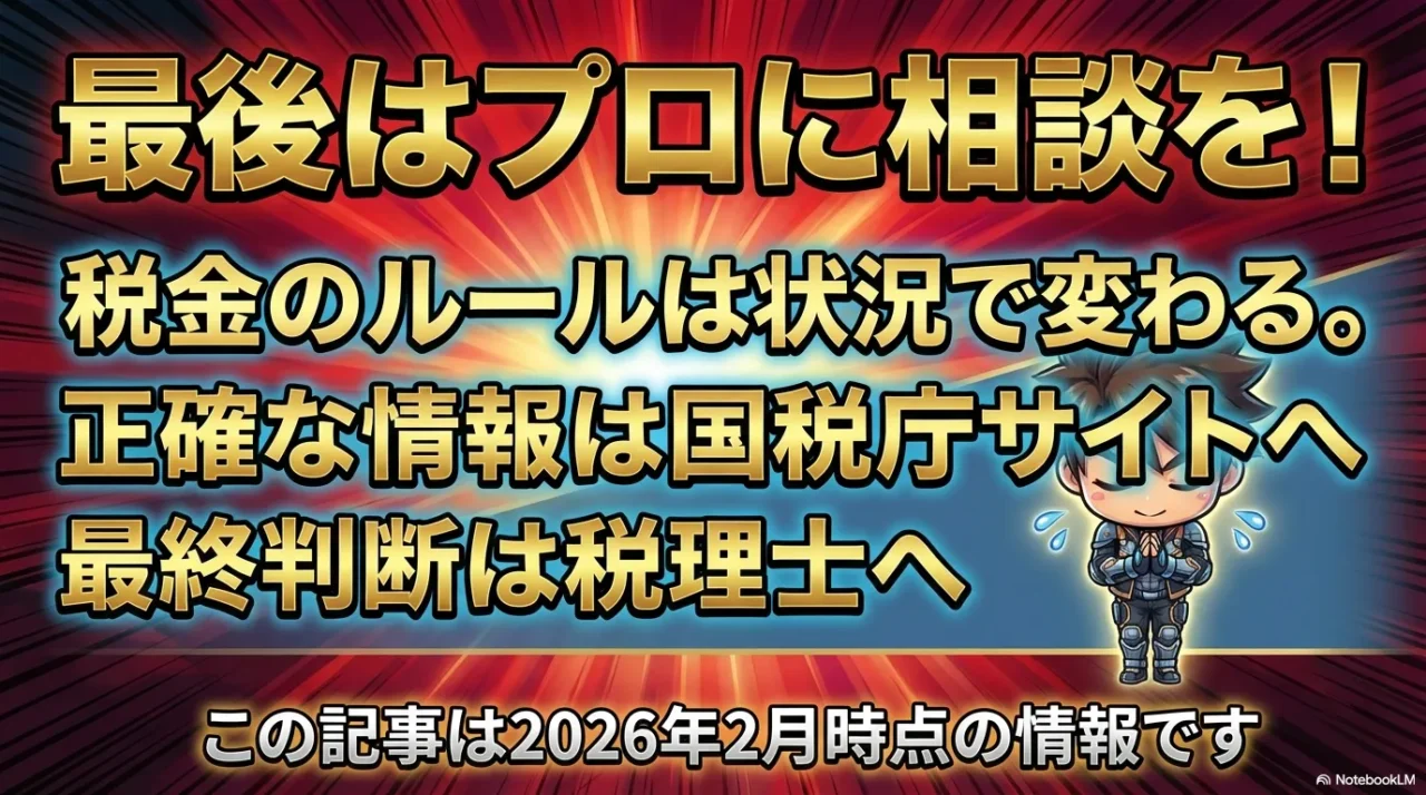税金のルールは状況によって変わるため、正確な情報は国税庁サイトや税理士へ相談することを推奨する免責事項の画像