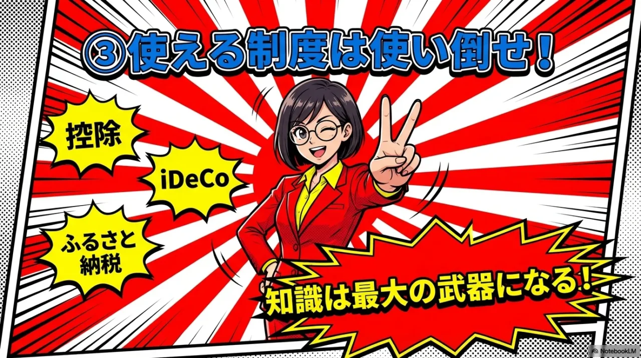控除、iDeCo、ふるさと納税など、使える制度は使い倒すべきであり、知識は最大の武器になることを示すイラスト