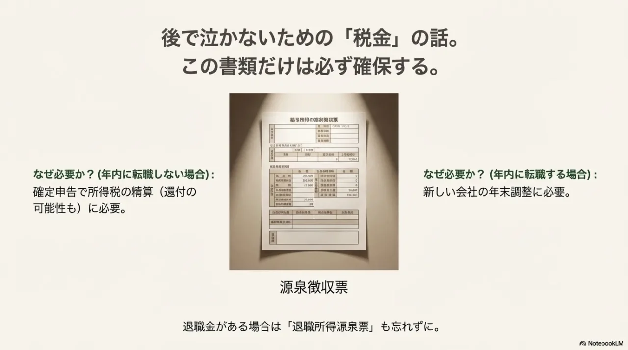 確定申告や転職先の年末調整で必要となる源泉徴収票の重要性と必要理由の解説。