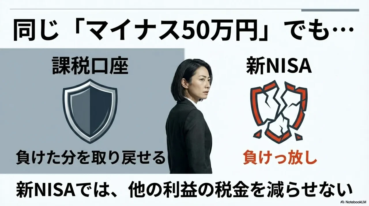 マイナス50万円でも課税口座は取り戻せるが新NISAは負けっぱなしになる差を示す画像