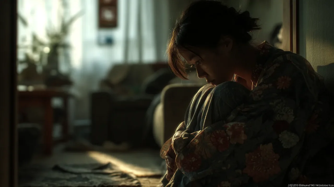 薄暗い部屋で膝を抱えて座り込み、涙をこらえるようにうつむく30代の美しい日本人女性。朝の光が差し込み、無気力な雰囲気が漂う