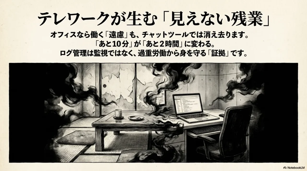 煙が立ち込める部屋でPCに向かう様子のイラスト。テレワークではオフィスの「遠慮」がなくなり、ログ管理が身を守る証拠になることを説明。