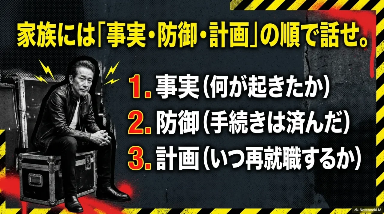 家族へ伝える順番「事実・防御・計画」を示す画像