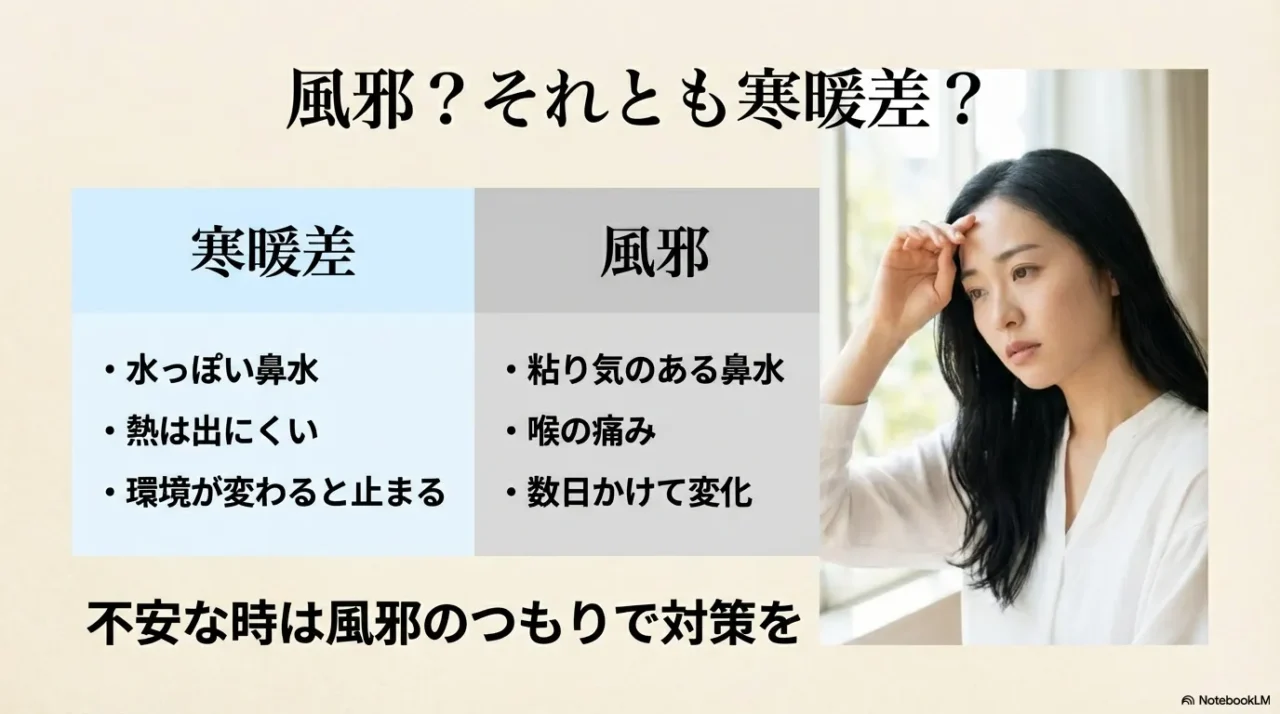 寒暖差アレルギーと風邪の違いチェックリスト。水っぽい鼻水か、粘り気があるか等の比較表。
