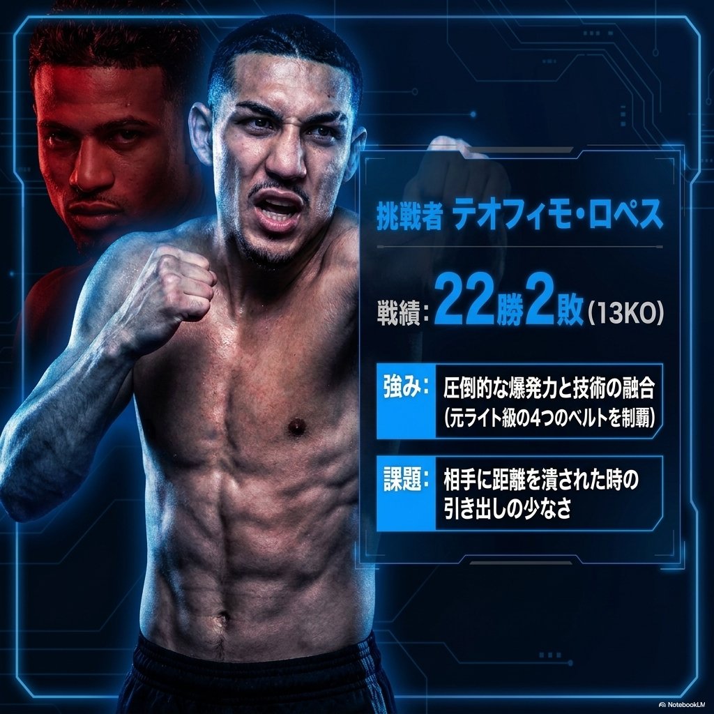 挑戦者テオフィモ・ロペスの紹介図。戦績22勝2敗13KOと表示され、強みとして爆発力と技術の融合、課題として距離を潰されたときの引き出しの少なさが挙げられている。