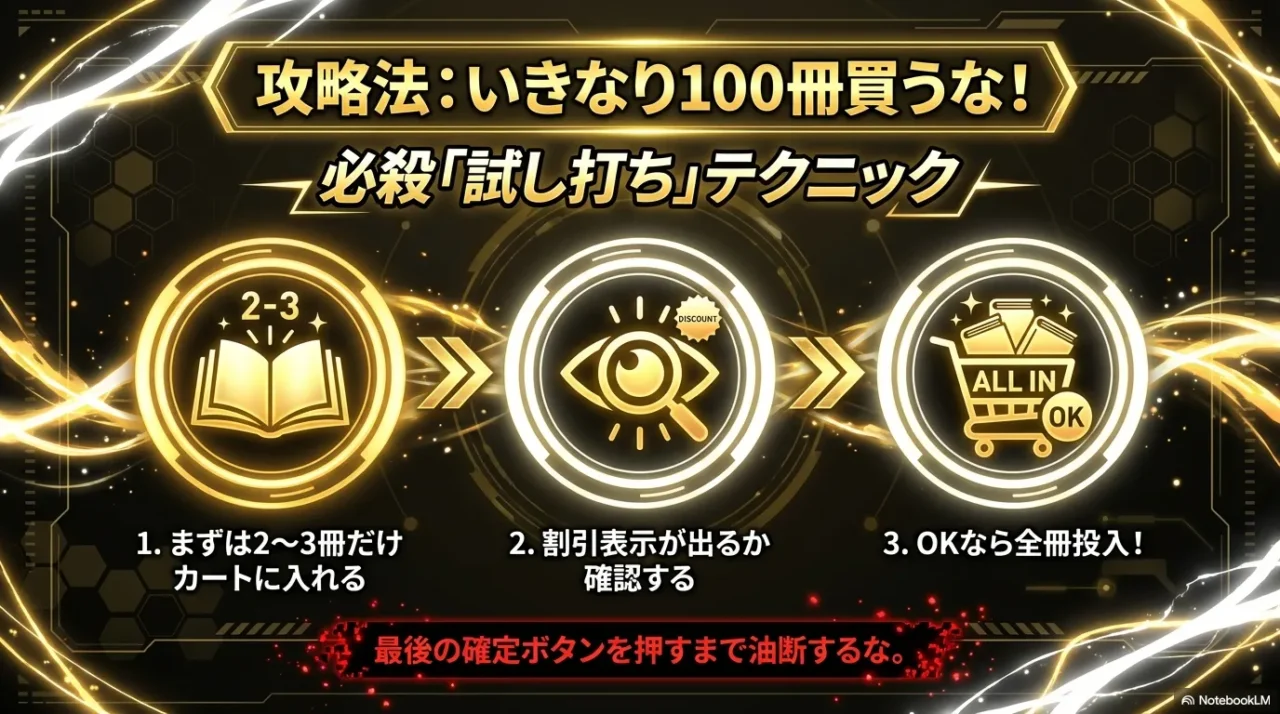 いきなり100冊カートに入れずに2〜3冊で割引確認する試し打ちテクニック