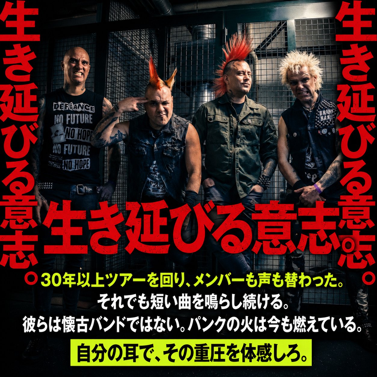 The Casualtiesの4人を背景に、30年以上続く活動と現在も燃えるパンクの火を「生き延びる意志」として締めくくる画像。