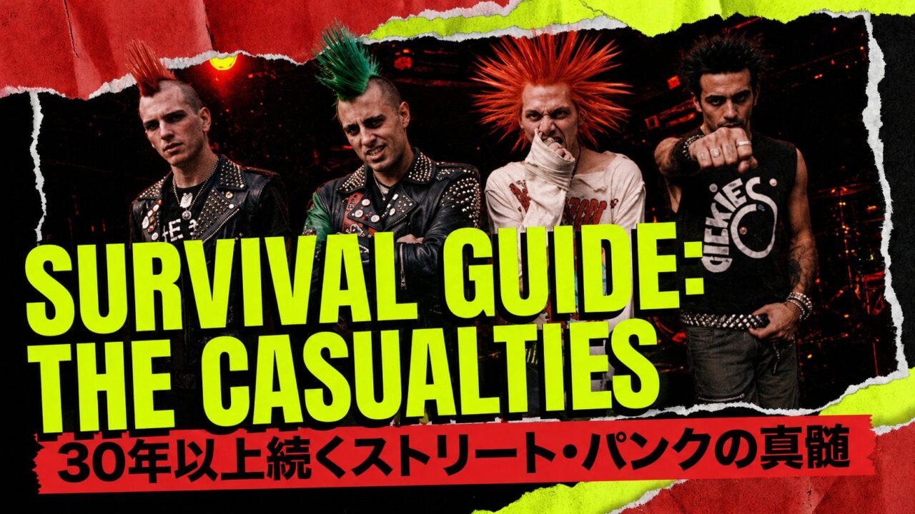 The Casualtiesのメンバー4人と「SURVIVAL GUIDE」「30年以上続くストリート・パンクの真髄」の文字を配した導入ビジュアル。