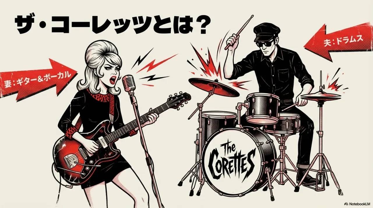 ギター＆ボーカルの妻とドラムの夫によるザ・コーレッツ夫婦デュオのイラスト