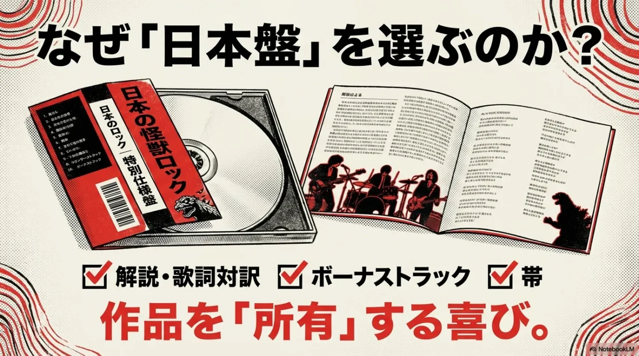 解説やボーナストラックや帯など日本盤の利点を示すイラスト