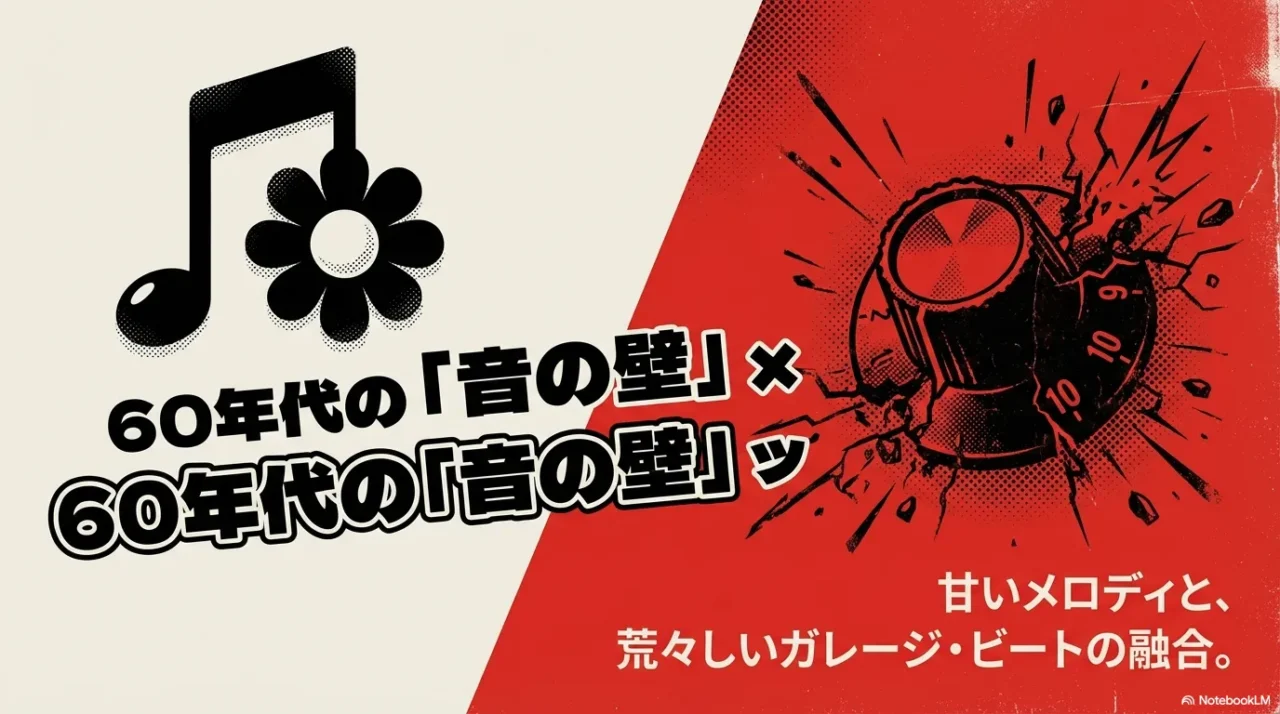 甘いメロディと荒々しいガレージビートが融合する音の壁イメージのイラスト