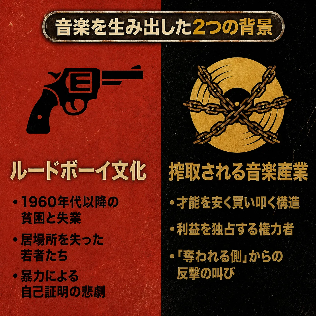 音楽を生み出した2つの背景を示すインフォグラフィック。左は拳銃の絵とルードボーイ文化(貧困、失業、暴力)、右はレコードと鎖の絵で搾取される音楽産業(才能の買い叩き、権力者の独占、反撃の叫び)を対比。