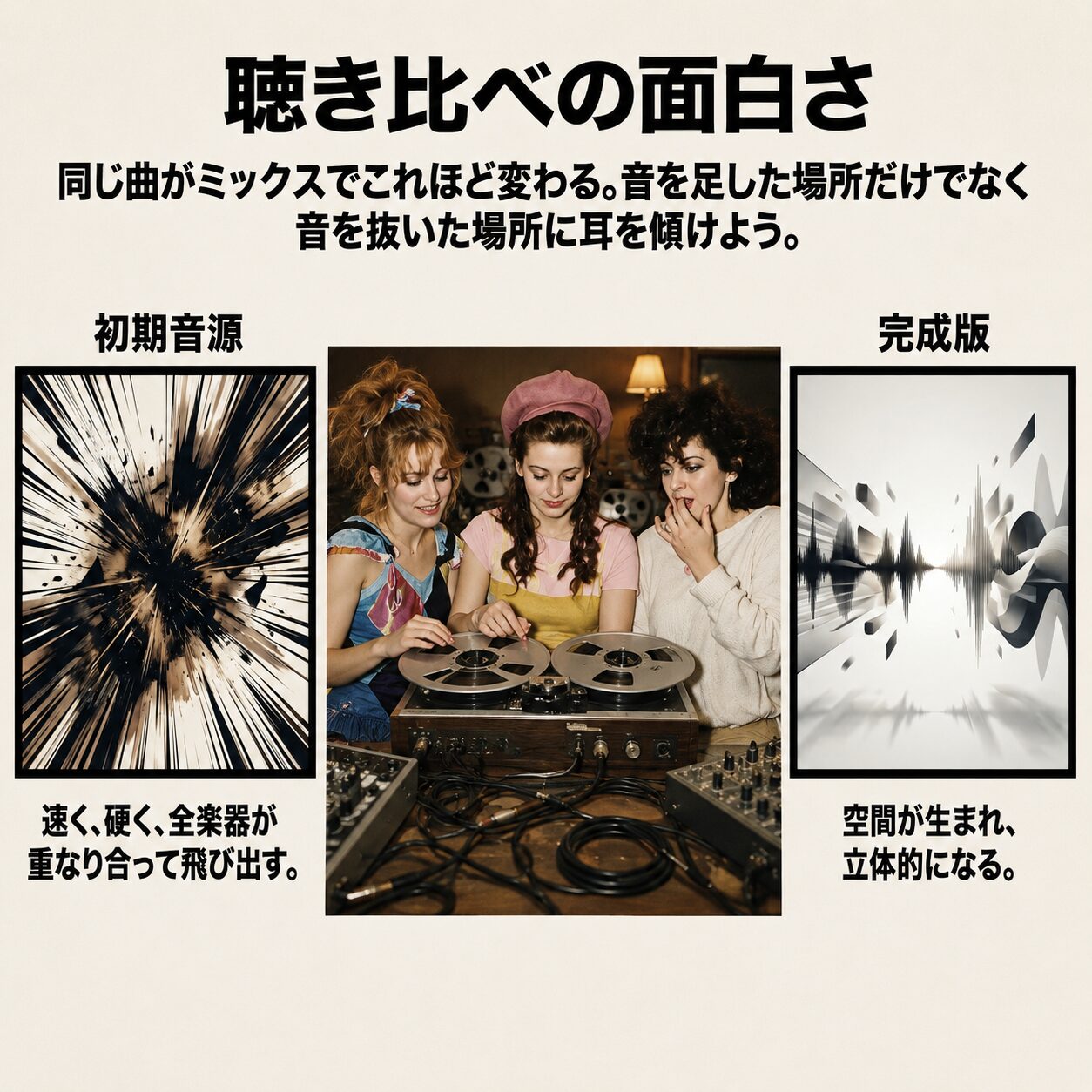 3人の女性がビンテージのリールテープレコーダーとミキサーを囲んで音楽を聴き比べる様子。左に「初期音源」、右に「完成版」の音波イメージを配置し、ミックスによる音の変化を視覚的に比較したインフォグラフィック。