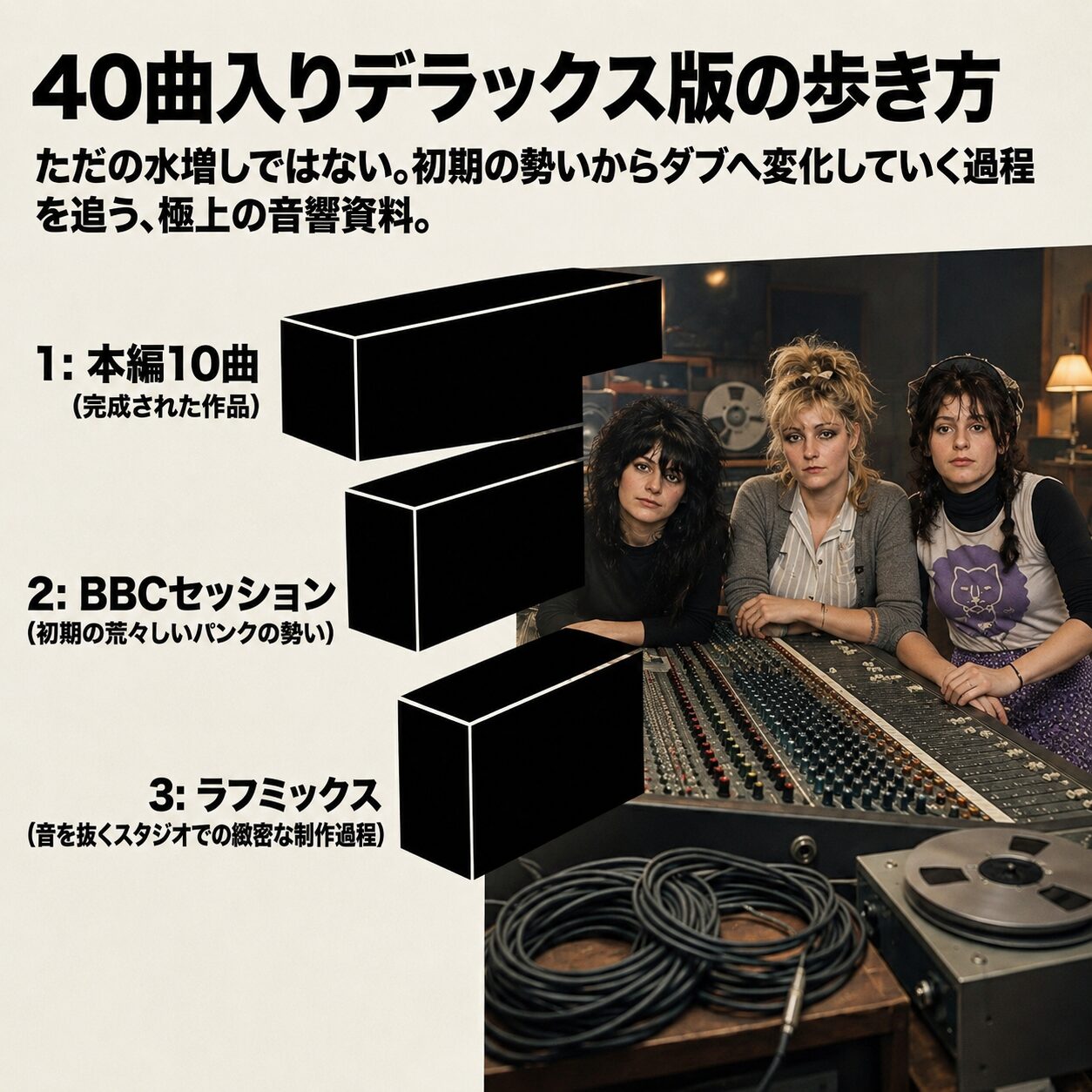 40曲入りデラックス版の歩き方を紹介するインフォグラフィック。レコーディングスタジオのミキシングコンソールに肘をつく3人の女性バンドメンバーの写真。本編10曲、BBCセッション、ラフミックスの3構成を解説。